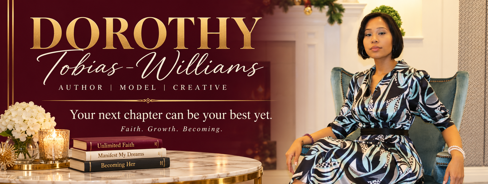 Dorothy Tobias-Williams seated in a teal chair beside a burgundy-and-gold banner reading.